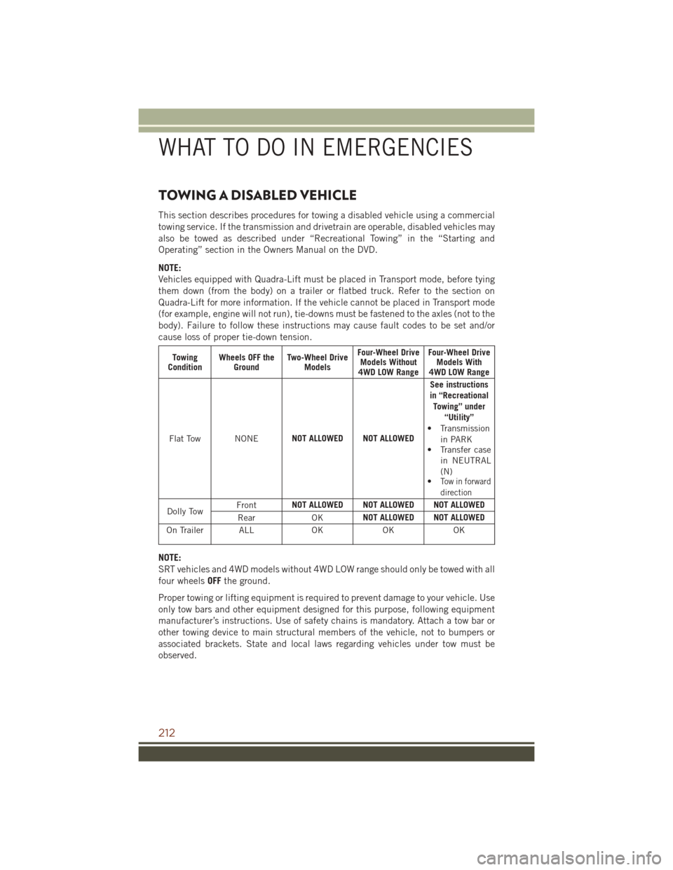 JEEP GRAND CHEROKEE 2016 WK2 / 4.G User Guide TOWING A DISABLED VEHICLE
This section describes procedures for towing a disabled vehicle using a commercial
towing service. If the transmission and drivetrain are operable, disabled vehicles may
also JEEP GRAND CHEROKEE 2016 WK2 / 4.G User Guide TOWING A DISABLED VEHICLE
This section describes procedures for towing a disabled vehicle using a commercial
towing service. If the transmission and drivetrain are operable, disabled vehicles may
also