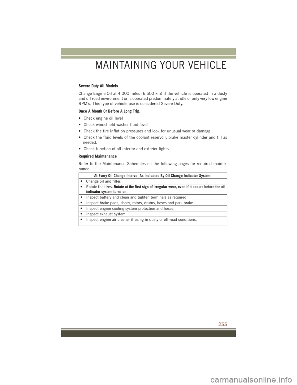 JEEP GRAND CHEROKEE 2016 WK2 / 4.G User Guide Severe Duty All Models
Change Engine Oil at 4,000 miles (6,500 km) if the vehicle is operated in a dusty
and off road environment or is operated predominately at idle or only very low engine
RPM’s. 