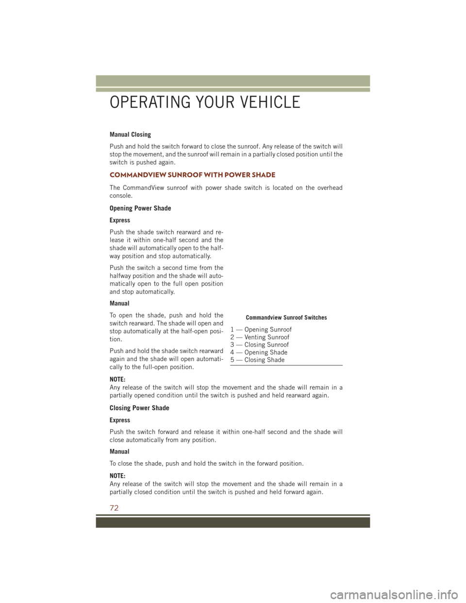 JEEP GRAND CHEROKEE 2016 WK2 / 4.G Manual PDF Manual Closing
Push and hold the switch forward to close the sunroof. Any release of the switch will
stop the movement, and the sunroof will remain in a partially closed position until the
switch is p JEEP GRAND CHEROKEE 2016 WK2 / 4.G Manual PDF Manual Closing
Push and hold the switch forward to close the sunroof. Any release of the switch will
stop the movement, and the sunroof will remain in a partially closed position until the
switch is p