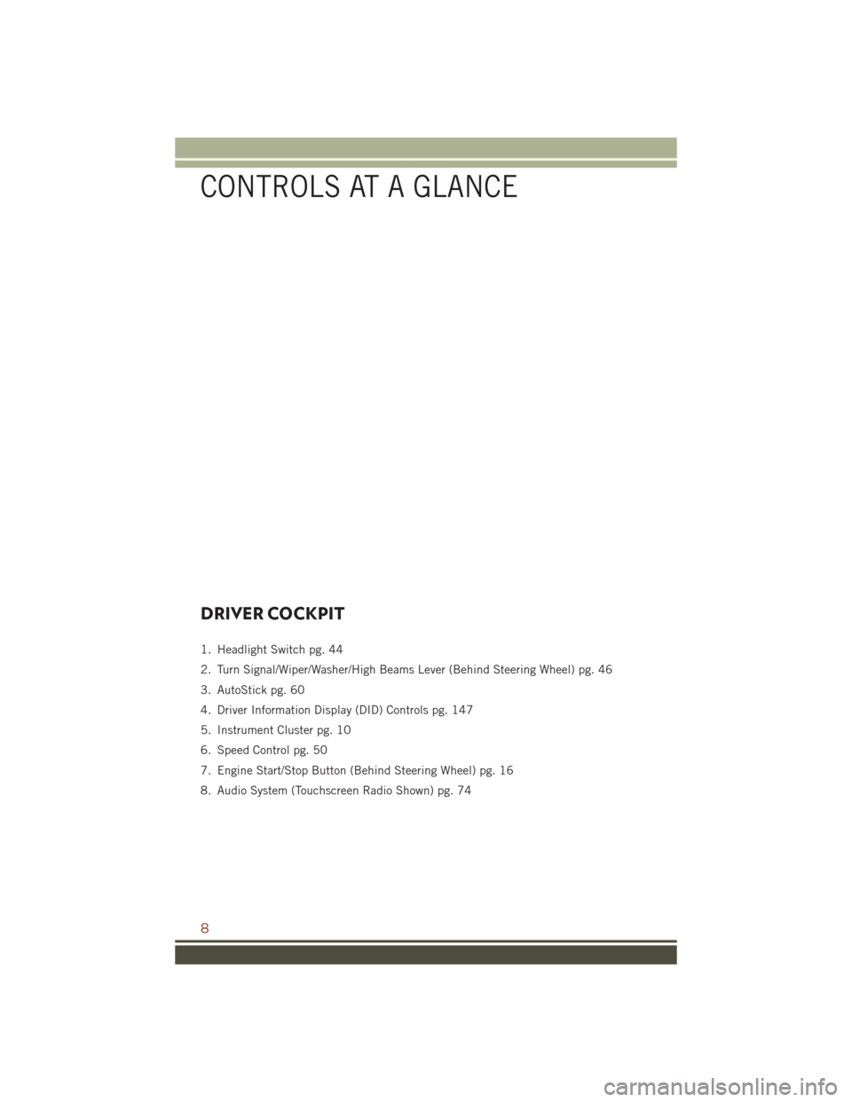 JEEP GRAND CHEROKEE 2016 WK2 / 4.G User Guide DRIVER COCKPIT
1. Headlight Switch pg. 44
2. Turn Signal/Wiper/Washer/High Beams Lever (Behind Steering Wheel) pg. 46
3. AutoStick pg. 60
4. Driver Information Display (DID) Controls pg. 147
5. Instru