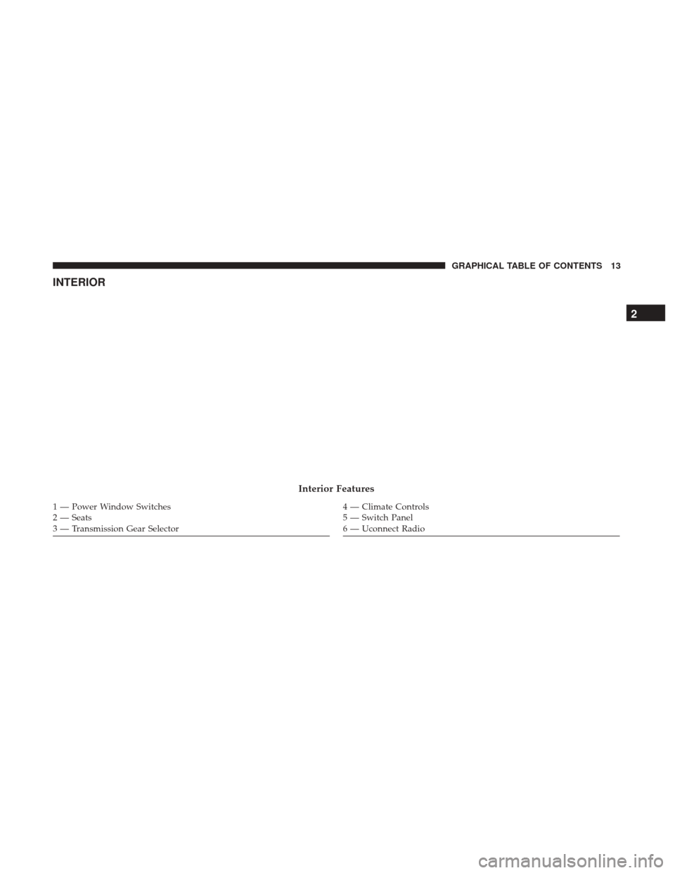 JEEP GRAND CHEROKEE 2017 WK2 / 4.G Owners Manual INTERIOR
Interior Features
1 — Power Window Switches
2 — Seats
3 — Transmission Gear Selector4 — Climate Controls
5 — Switch Panel
6 — Uconnect Radio
2
GRAPHICAL TABLE OF CONTENTS 13 