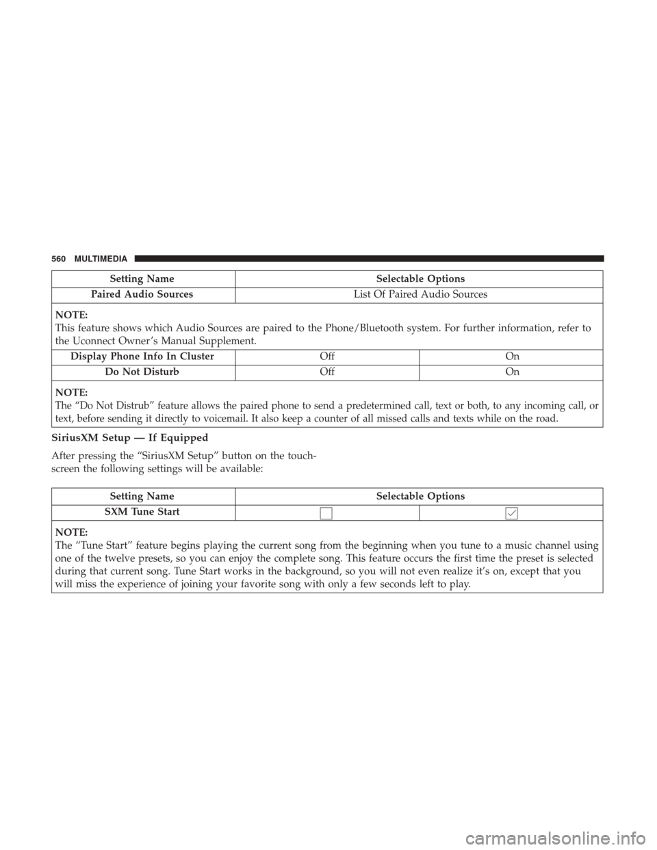 JEEP GRAND CHEROKEE 2017 WK2 / 4.G Owners Manual Setting NameSelectable Options
Paired Audio Sources List Of Paired Audio Sources
NOTE:
This feature shows which Audio Sources are paired to the Phone/Bluetooth system. For further information, refer t JEEP GRAND CHEROKEE 2017 WK2 / 4.G Owners Manual Setting NameSelectable Options
Paired Audio Sources List Of Paired Audio Sources
NOTE:
This feature shows which Audio Sources are paired to the Phone/Bluetooth system. For further information, refer t