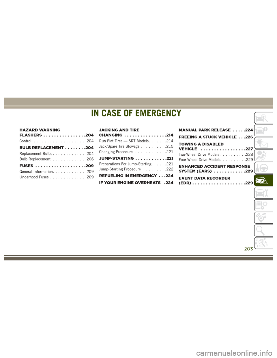JEEP GRAND CHEROKEE 2017 WK2 / 4.G User Guide IN CASE OF EMERGENCY
HAZARD WARNING
FLASHERS................204
Control....................204
BULB REPLACEMENT ........204
Replacement Bulbs.............204
Bulb Replacement .............206
FUSES .. JEEP GRAND CHEROKEE 2017 WK2 / 4.G User Guide IN CASE OF EMERGENCY
HAZARD WARNING
FLASHERS................204
Control....................204
BULB REPLACEMENT ........204
Replacement Bulbs.............204
Bulb Replacement .............206
FUSES ..