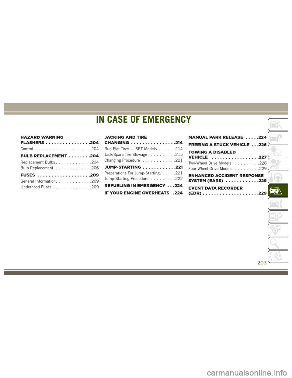 JEEP GRAND CHEROKEE 2017 WK2 / 4.G User Guide IN CASE OF EMERGENCY
HAZARD WARNING
FLASHERS................204
Control....................204
BULB REPLACEMENT ........204
Replacement Bulbs.............204
Bulb Replacement .............206
FUSES ..