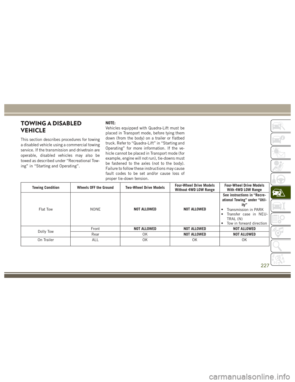 JEEP GRAND CHEROKEE 2017 WK2 / 4.G User Guide TOWING A DISABLED
VEHICLE
This section describes procedures for towing
a disabled vehicle using a commercial towing
service. If the transmission and drivetrain are
operable, disabled vehicles may also JEEP GRAND CHEROKEE 2017 WK2 / 4.G User Guide TOWING A DISABLED
VEHICLE
This section describes procedures for towing
a disabled vehicle using a commercial towing
service. If the transmission and drivetrain are
operable, disabled vehicles may also