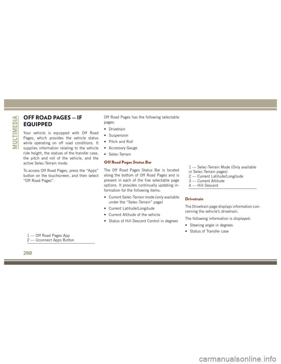 JEEP GRAND CHEROKEE 2017 WK2 / 4.G User Guide OFF ROAD PAGES — IF
EQUIPPED
Your vehicle is equipped with Off Road
Pages, which provides the vehicle status
while operating on off road conditions. It
supplies information relating to the vehicle
r JEEP GRAND CHEROKEE 2017 WK2 / 4.G User Guide OFF ROAD PAGES — IF
EQUIPPED
Your vehicle is equipped with Off Road
Pages, which provides the vehicle status
while operating on off road conditions. It
supplies information relating to the vehicle
r