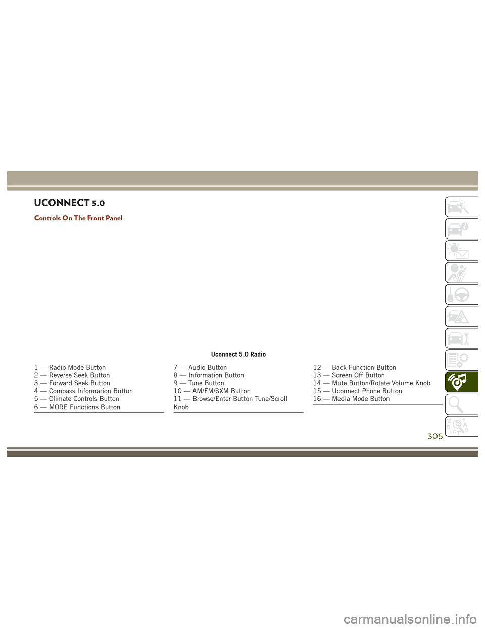 JEEP GRAND CHEROKEE 2017 WK2 / 4.G User Guide UCONNECT 5.0
Controls On The Front Panel
Uconnect 5.0 Radio
1 — Radio Mode Button
2 — Reverse Seek Button
3 — Forward Seek Button
4 — Compass Information Button
5 — Climate Controls Button
6