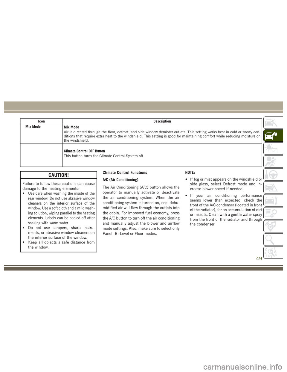 JEEP GRAND CHEROKEE 2017 WK2 / 4.G User Guide IconDescription
Mix Mode
Mix Mode
Air is directed through the floor, defrost, and side window demister outlets. This setting works best in cold or snowy con-
ditions that require extra heat to the win JEEP GRAND CHEROKEE 2017 WK2 / 4.G User Guide IconDescription
Mix Mode
Mix Mode
Air is directed through the floor, defrost, and side window demister outlets. This setting works best in cold or snowy con-
ditions that require extra heat to the win