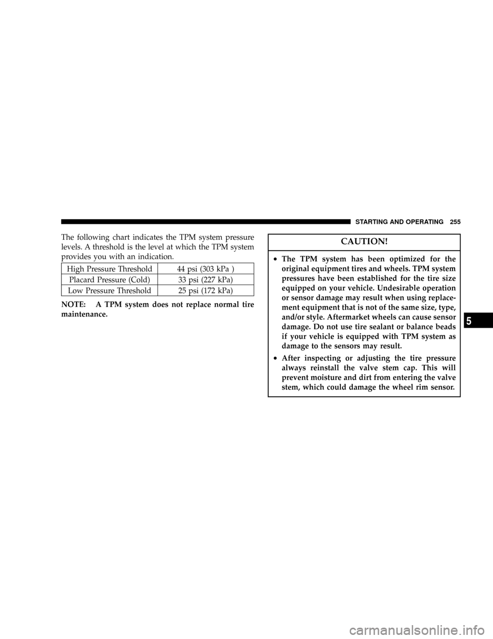JEEP LIBERTY 2004 KJ / 1.G Owners Manual The following chart indicates the TPM system pressure
levels. A threshold is the level at which the TPM system
provides you with an indication.
High Pressure Threshold 44 psi (303 kPa )
Placard Pressu