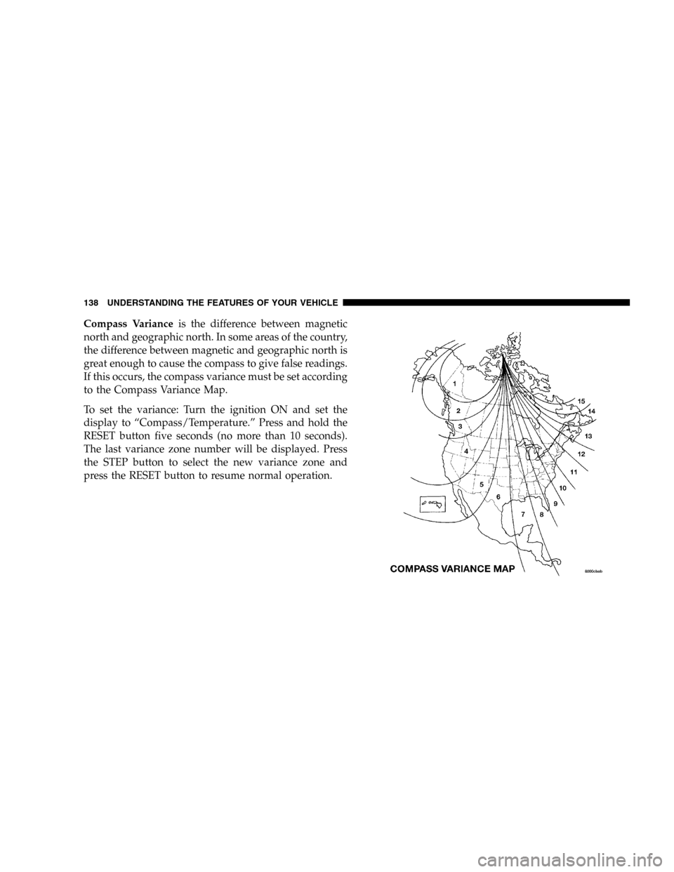 JEEP LIBERTY 2005 KJ / 1.G Owners Manual Compass Varianceis the difference between magnetic
north and geographic north. In some areas of the country,
the difference between magnetic and geographic north is
great enough to cause the compass t JEEP LIBERTY 2005 KJ / 1.G Owners Manual Compass Varianceis the difference between magnetic
north and geographic north. In some areas of the country,
the difference between magnetic and geographic north is
great enough to cause the compass t