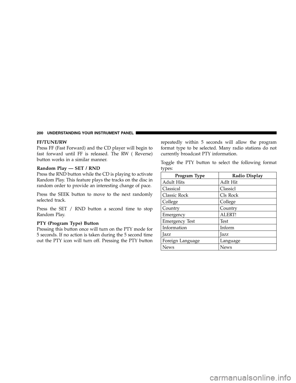 JEEP LIBERTY 2005 KJ / 1.G Owners Manual FF/TUNE/RW
Press FF (Fast Forward) and the CD player will begin to
fast forward until FF is released. The RW ( Reverse)
button works in a similar manner.
Random Play — SET / RND
Press the RND button