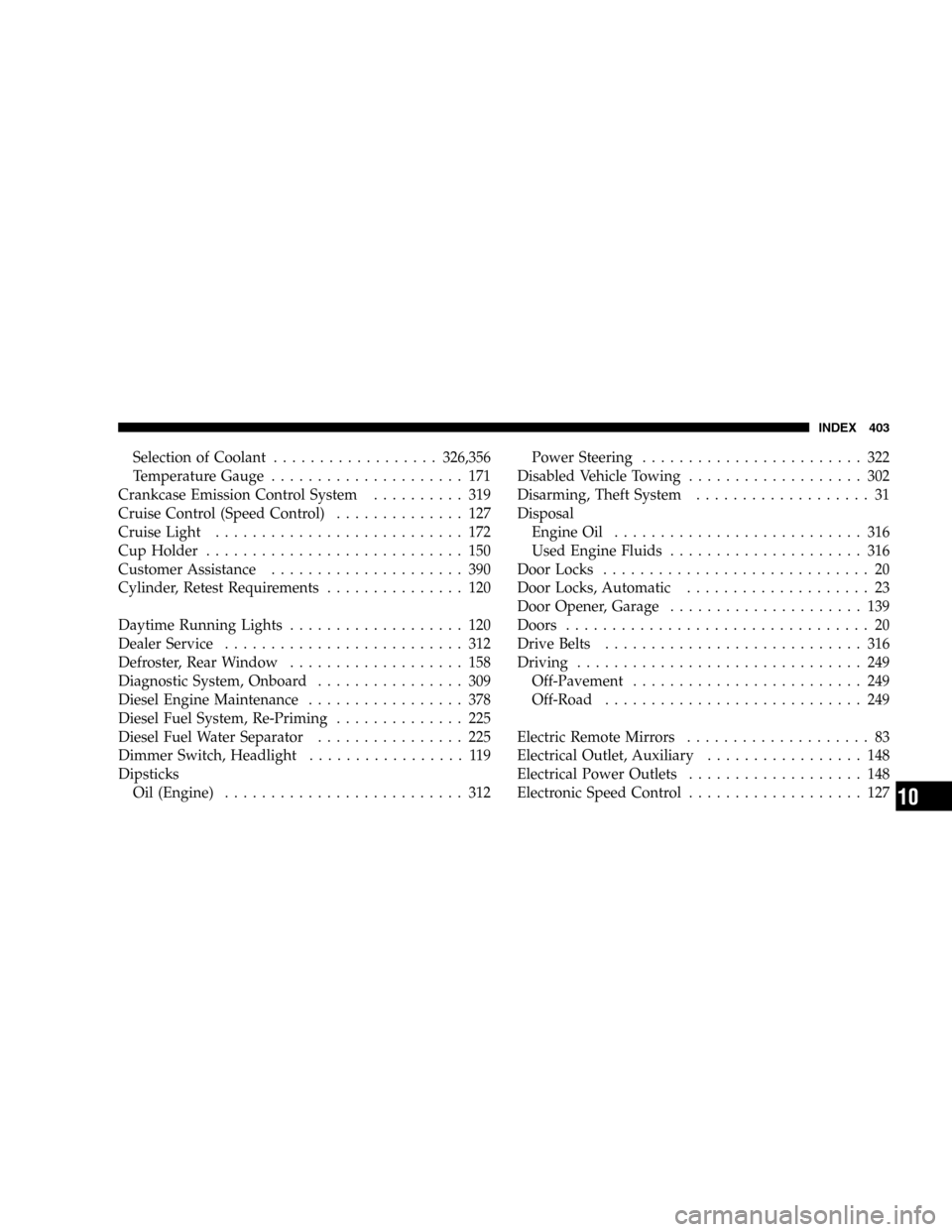 JEEP LIBERTY 2005 KJ / 1.G Owners Manual Selection of Coolant..................326,356
Temperature Gauge..................... 171
Crankcase Emission Control System.......... 319
Cruise Control (Speed Control).............. 127
Cruise Light.. JEEP LIBERTY 2005 KJ / 1.G Owners Manual Selection of Coolant..................326,356
Temperature Gauge..................... 171
Crankcase Emission Control System.......... 319
Cruise Control (Speed Control).............. 127
Cruise Light..