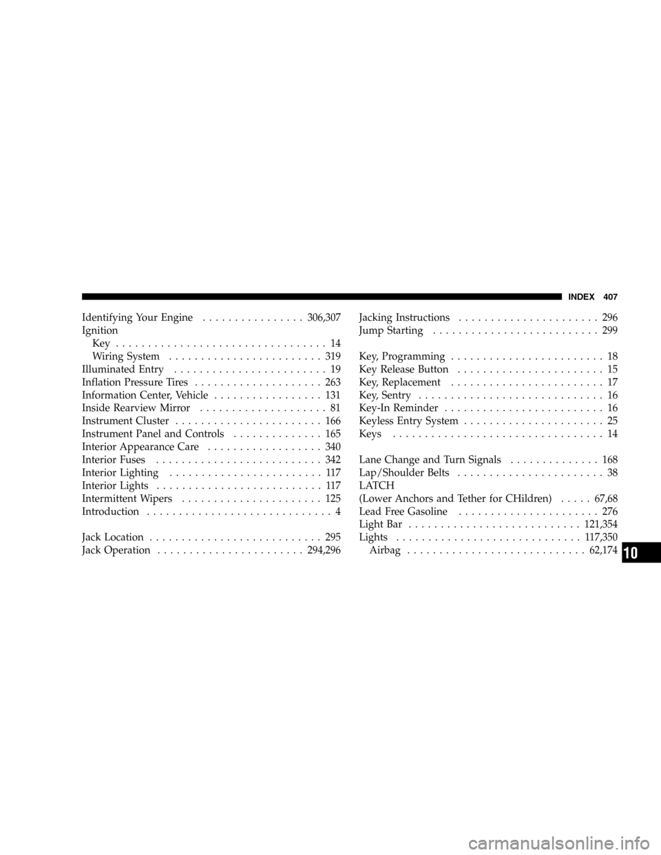 JEEP LIBERTY 2005 KJ / 1.G Owners Manual Identifying Your Engine................306,307
Ignition
Key ................................. 14
Wiring System........................ 319
Illuminated Entry........................ 19
Inflation Pressu