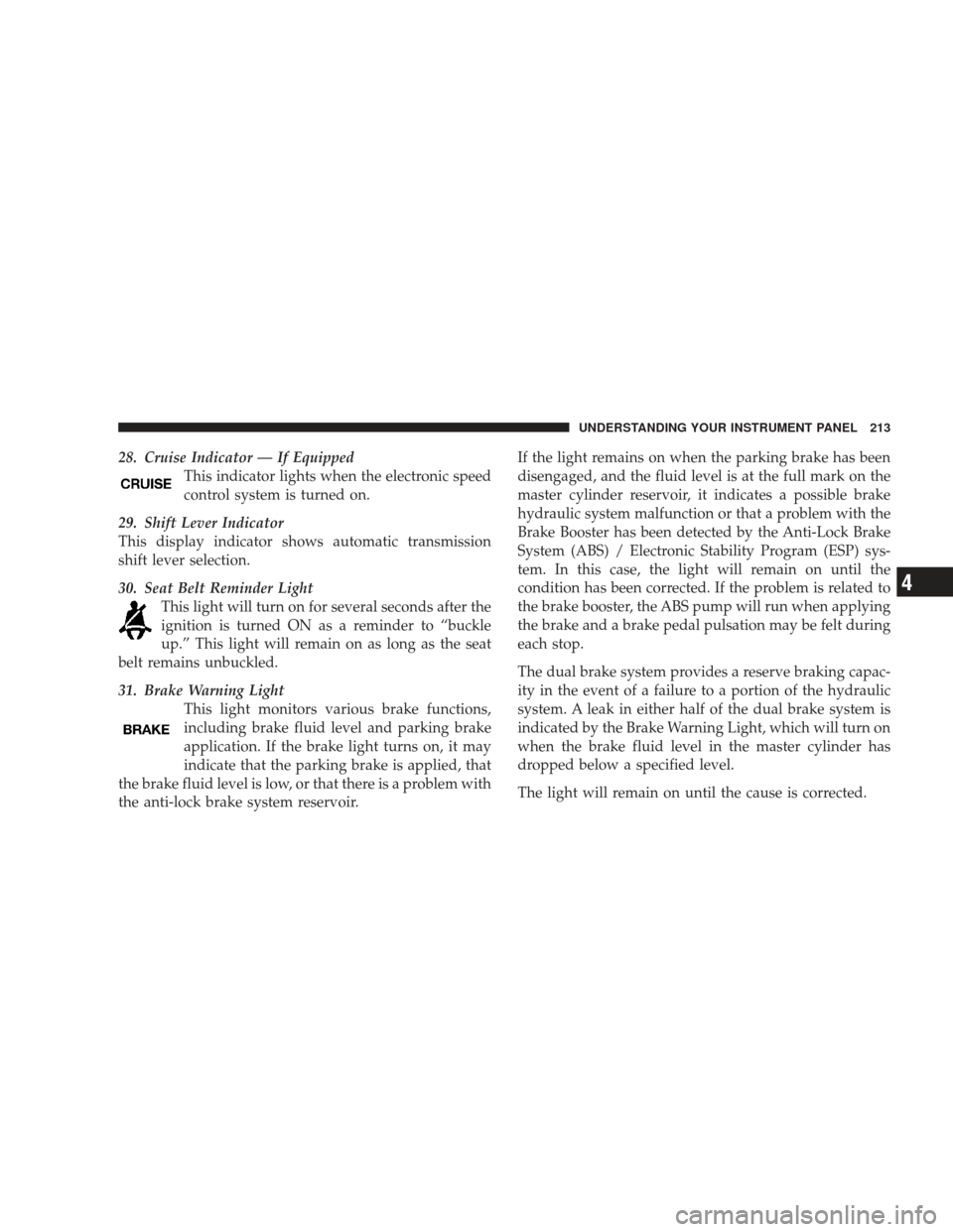 JEEP LIBERTY 2009 KK / 2.G Owners Manual 28. Cruise Indicator — If EquippedThis indicator lights when the electronic speed
control system is turned on.
29. Shift Lever Indicator
This display indicator shows automatic transmission
shift lev