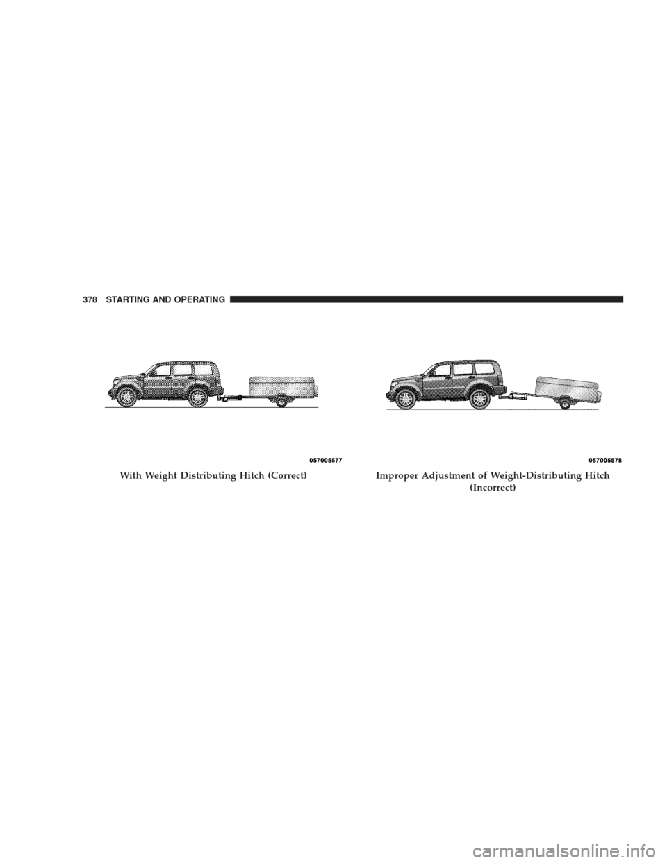 JEEP LIBERTY 2009 KK / 2.G Owners Manual With Weight Distributing Hitch (Correct)Improper Adjustment of Weight-Distributing Hitch(Incorrect)
378 STARTING AND OPERATING JEEP LIBERTY 2009 KK / 2.G Owners Manual With Weight Distributing Hitch (Correct)Improper Adjustment of Weight-Distributing Hitch(Incorrect)
378 STARTING AND OPERATING