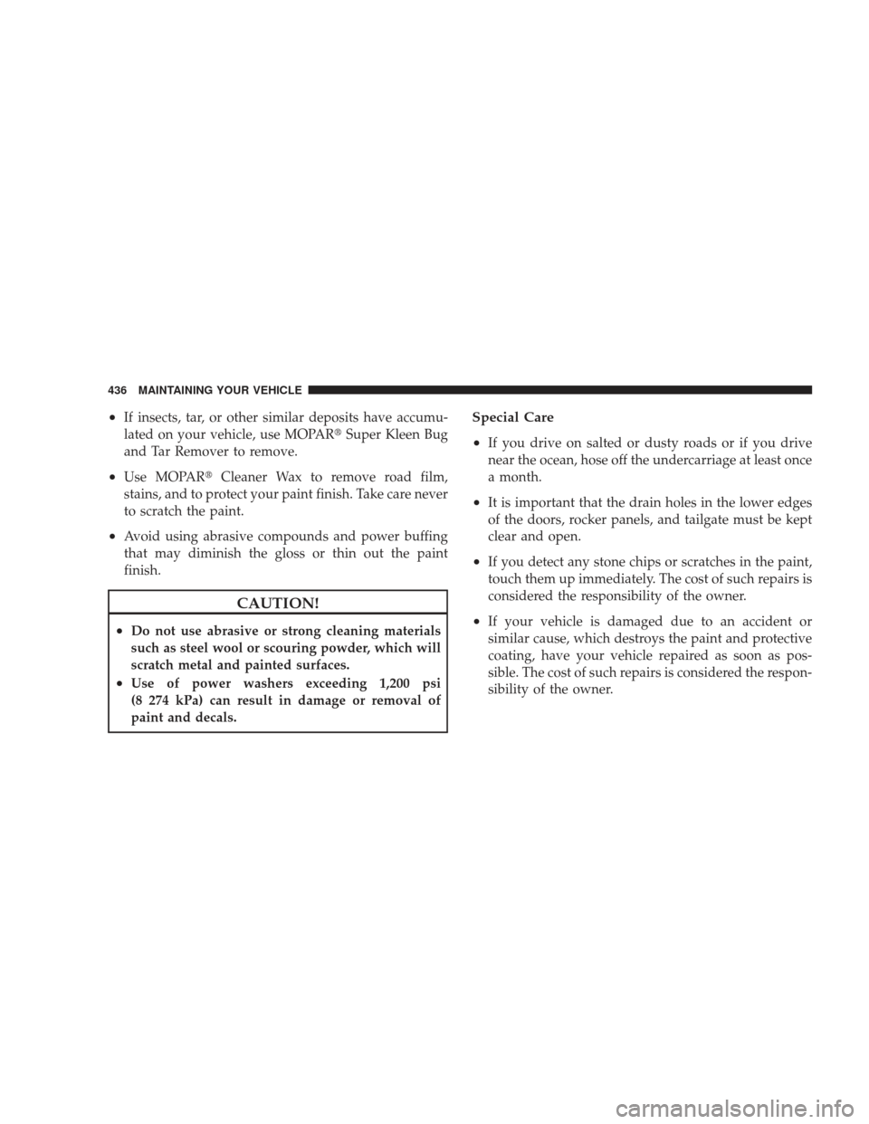JEEP LIBERTY 2009 KK / 2.G Owners Manual •If insects, tar, or other similar deposits have accumu-
lated on your vehicle, use MOPARSuper Kleen Bug
and Tar Remover to remove.
•Use MOPAR Cleaner Wax to remove road film,
stains, and to pro