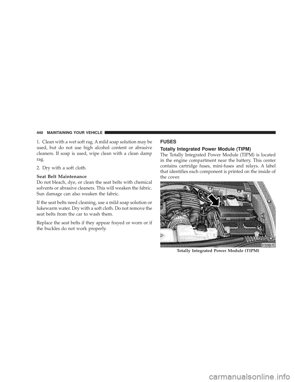 JEEP LIBERTY 2009 KK / 2.G Owners Manual 1. Clean with a wet soft rag. A mild soap solution may be
used, but do not use high alcohol content or abrasive
cleaners. If soap is used, wipe clean with a clean damp
rag.
2. Dry with a soft cloth.
S JEEP LIBERTY 2009 KK / 2.G Owners Manual 1. Clean with a wet soft rag. A mild soap solution may be
used, but do not use high alcohol content or abrasive
cleaners. If soap is used, wipe clean with a clean damp
rag.
2. Dry with a soft cloth.
S