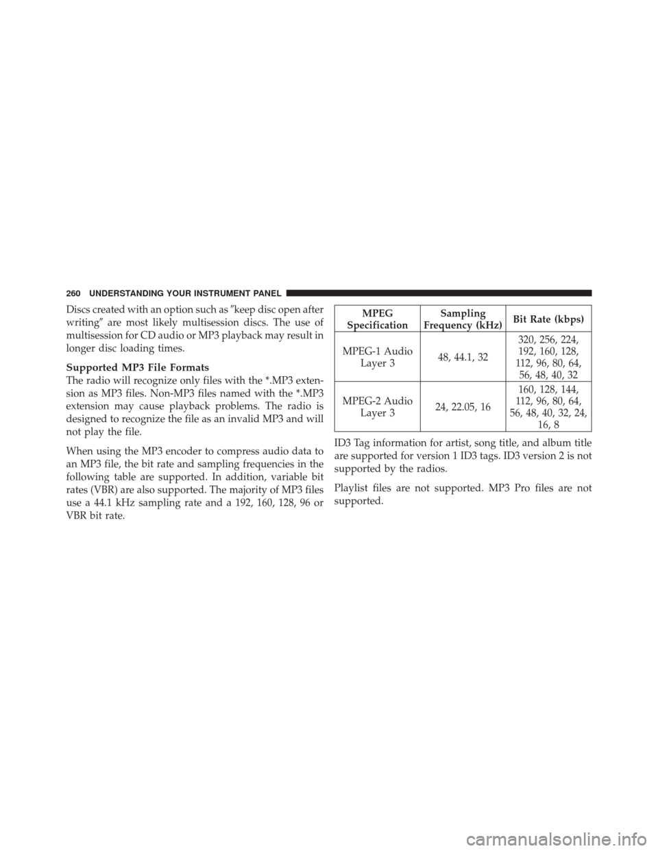 JEEP LIBERTY 2010 KK / 2.G Owners Manual Discs created with an option such askeep disc open after
writing are most likely multisession discs. The use of
multisession for CD audio or MP3 playback may result in
longer disc loading times.
Sup