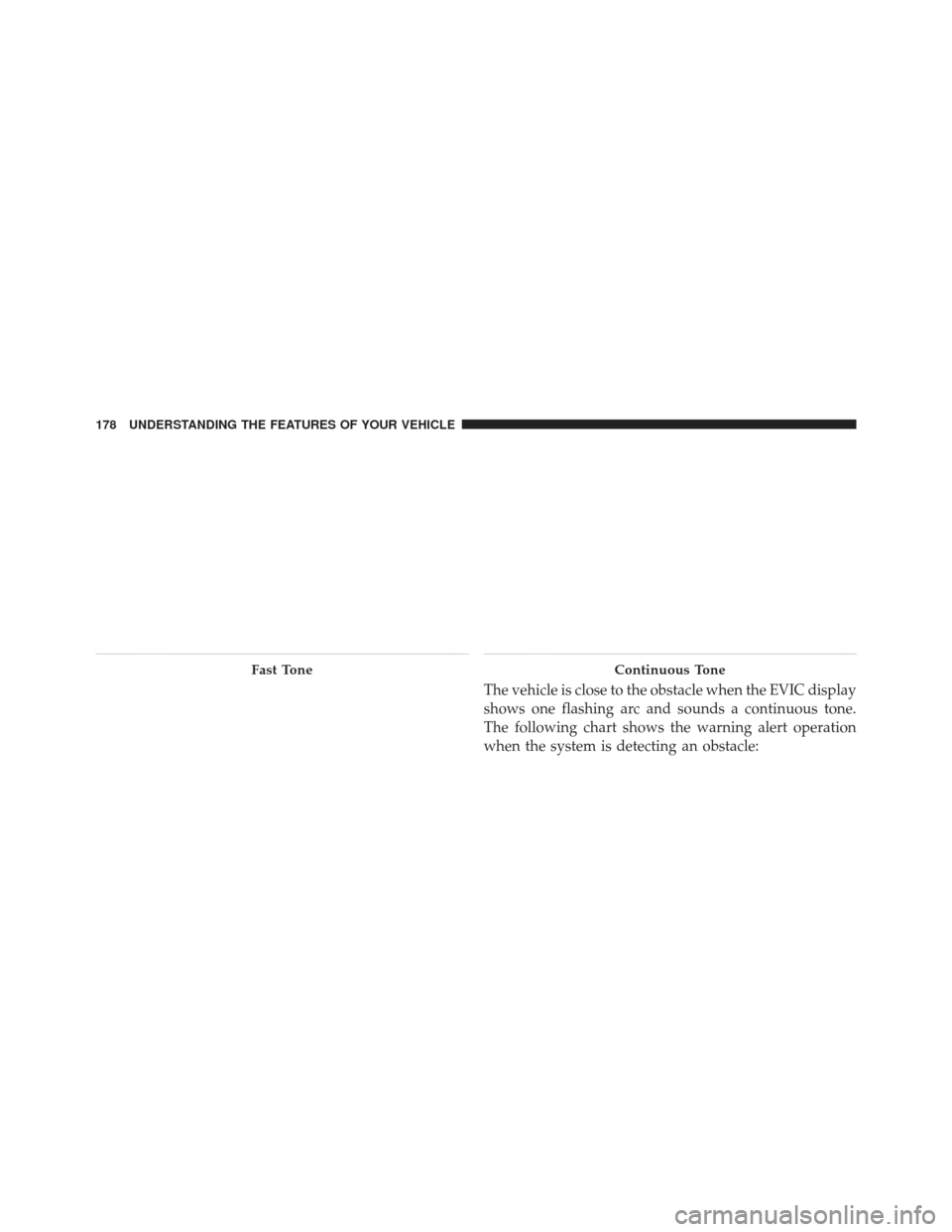 JEEP LIBERTY 2011 KK / 2.G Owners Manual The vehicle is close to the obstacle when the EVIC display
shows one flashing arc and sounds a continuous tone.
The following chart shows the warning alert operation
when the system is detecting an ob