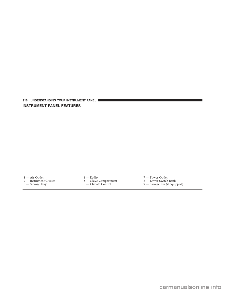 JEEP LIBERTY 2011 KK / 2.G Owners Manual INSTRUMENT PANEL FEATURES
1 — Air Outlet4 — Radio7 — Power Outlet
2 — Instrument Cluster 5 — Glove Compartment8 — Lower Switch Bank
3 — Storage Tray 6 — Climate Control9 — Storage Bi