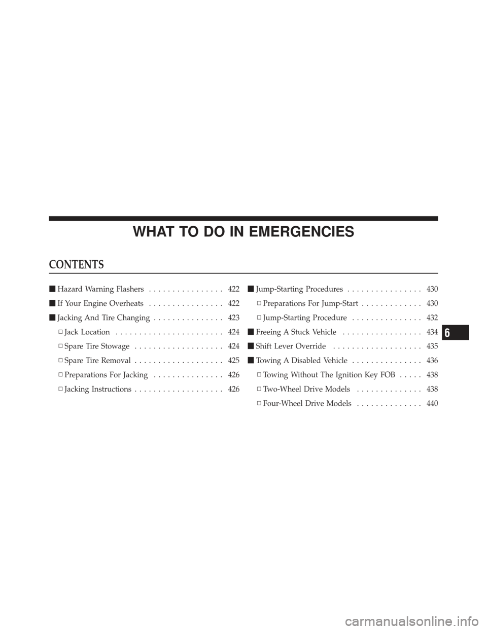 JEEP LIBERTY 2011 KK / 2.G Owners Manual WHAT TO DO IN EMERGENCIES
CONTENTS
Hazard Warning Flashers ................ 422
 If Your Engine Overheats ................ 422
 Jacking And Tire Changing ............... 423
▫ Jack Location .....