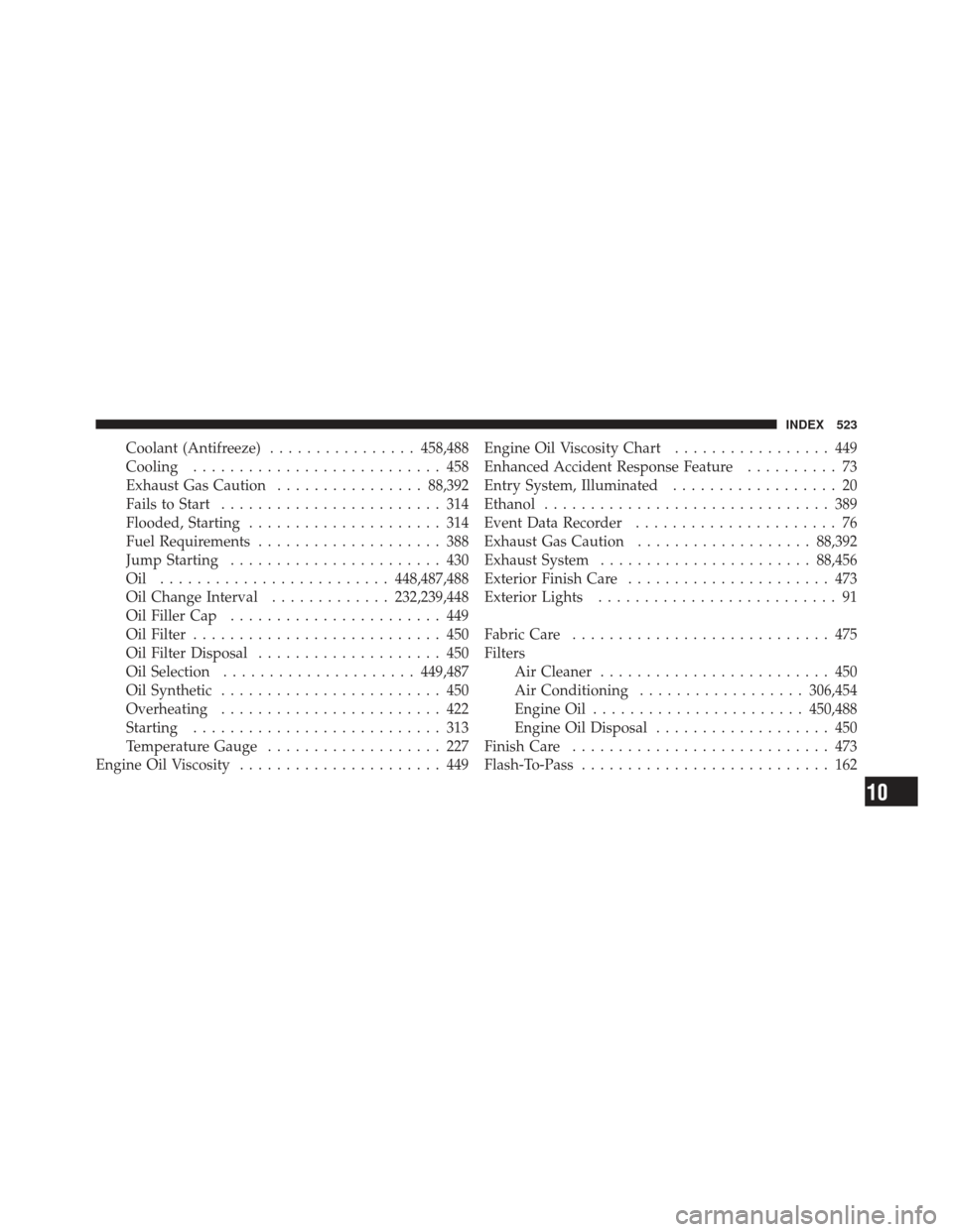 JEEP LIBERTY 2011 KK / 2.G Owners Manual Coolant (Antifreeze)................ 458,488
Cooling ........................... 458
Exhaust Gas Caution ................88,392
Fails to Start ........................ 314
Flooded, Starting .......... JEEP LIBERTY 2011 KK / 2.G Owners Manual Coolant (Antifreeze)................ 458,488
Cooling ........................... 458
Exhaust Gas Caution ................88,392
Fails to Start ........................ 314
Flooded, Starting ..........