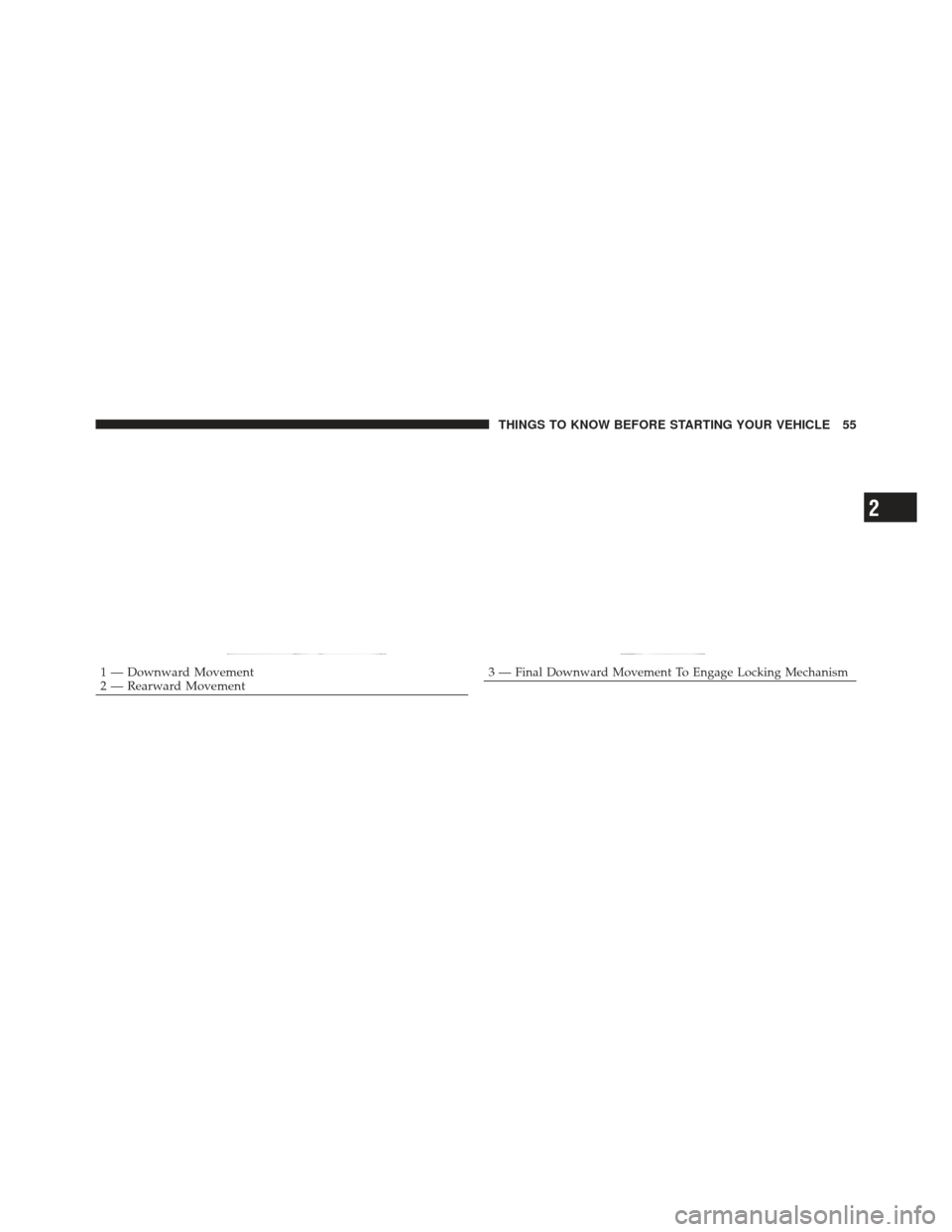 JEEP LIBERTY 2011 KK / 2.G Workshop Manual 1 — Downward Movement
2 — Rearward Movement3—Final Downward Movement To Engage Locking Mechanism
2
THINGS TO KNOW BEFORE STARTING YOUR VEHICLE 55 