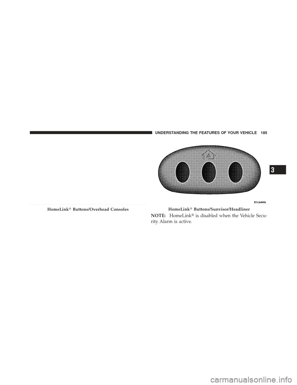 JEEP LIBERTY 2012 KK / 2.G Owners Manual NOTE:HomeLink is disabled when the Vehicle Secu-
rity Alarm is active.
HomeLink Buttons/Overhead ConsolesHomeLinkButtons/Sunvisor/Headliner
3
UNDERSTANDING THE FEATURES OF YOUR VEHICLE 185 