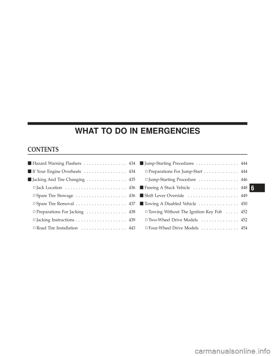 JEEP LIBERTY 2012 KK / 2.G Owners Manual WHAT TO DO IN EMERGENCIES
CONTENTS
Hazard Warning Flashers ................ 434
 If Your Engine Overheats ................ 434
 Jacking And Tire Changing ............... 435
▫ Jack Location .....