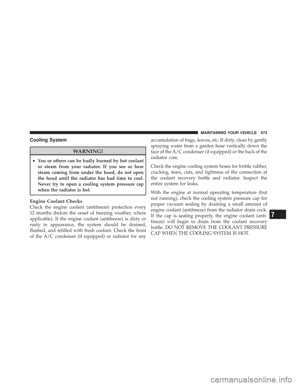 JEEP LIBERTY 2012 KK / 2.G Owners Manual Cooling System
WARNING!
•You or others can be badly burned by hot coolant
or steam from your radiator. If you see or hear
steam coming from under the hood, do not open
the hood until the radiator ha