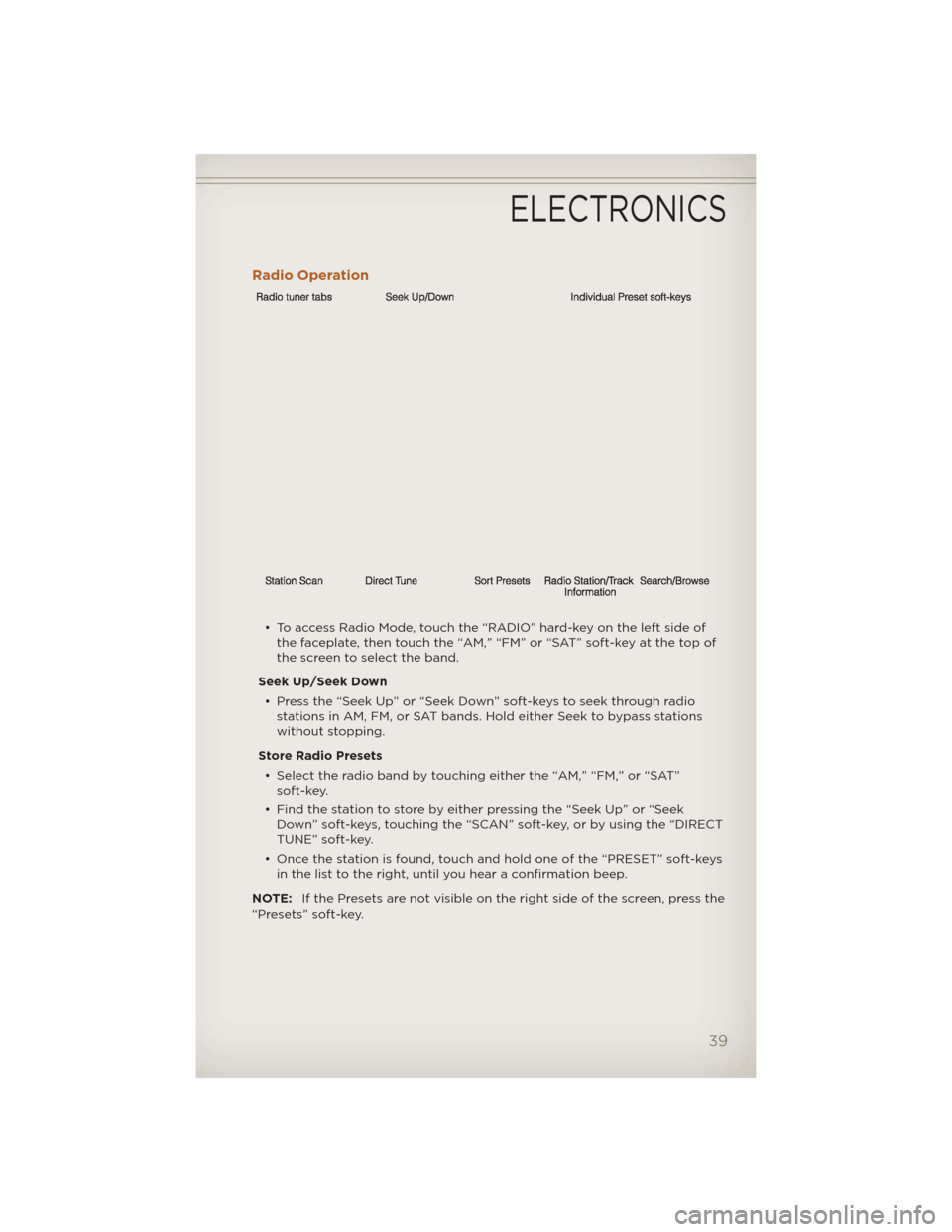 JEEP LIBERTY 2012 KK / 2.G User Guide Radio Operation
• To access Radio Mode, touch the “RADIO” hard-key on the left side ofthe faceplate, then touch the “AM,” “FM” or “SAT” soft-key at the top of
the screen to select th