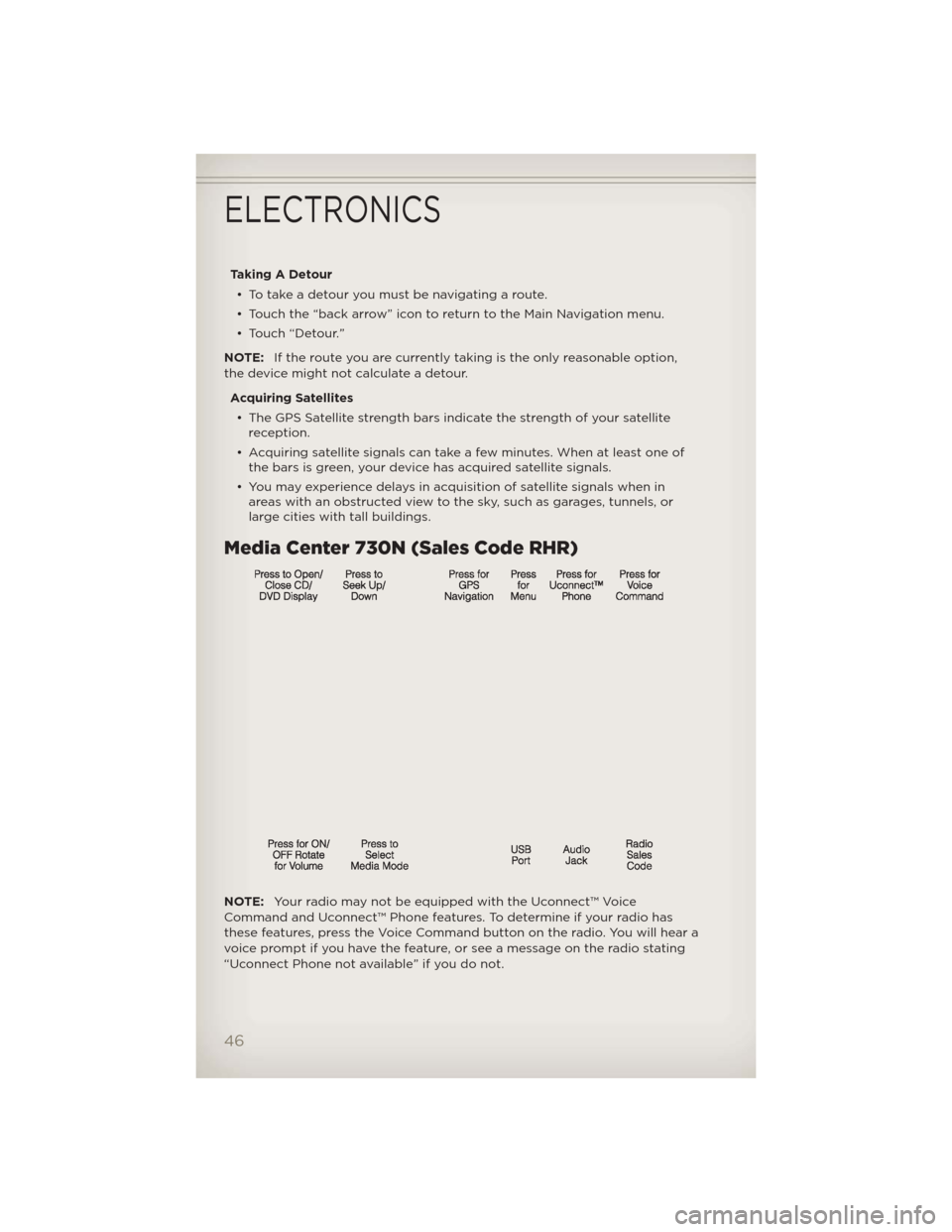 JEEP LIBERTY 2012 KK / 2.G Service Manual Taking A Detour• To take a detour you must be navigating a route.
• Touch the “back arrow” icon to return to the Main Navigation menu.
• Touch “Detour.”
NOTE: If the route you are curren JEEP LIBERTY 2012 KK / 2.G Service Manual Taking A Detour• To take a detour you must be navigating a route.
• Touch the “back arrow” icon to return to the Main Navigation menu.
• Touch “Detour.”
NOTE: If the route you are curren