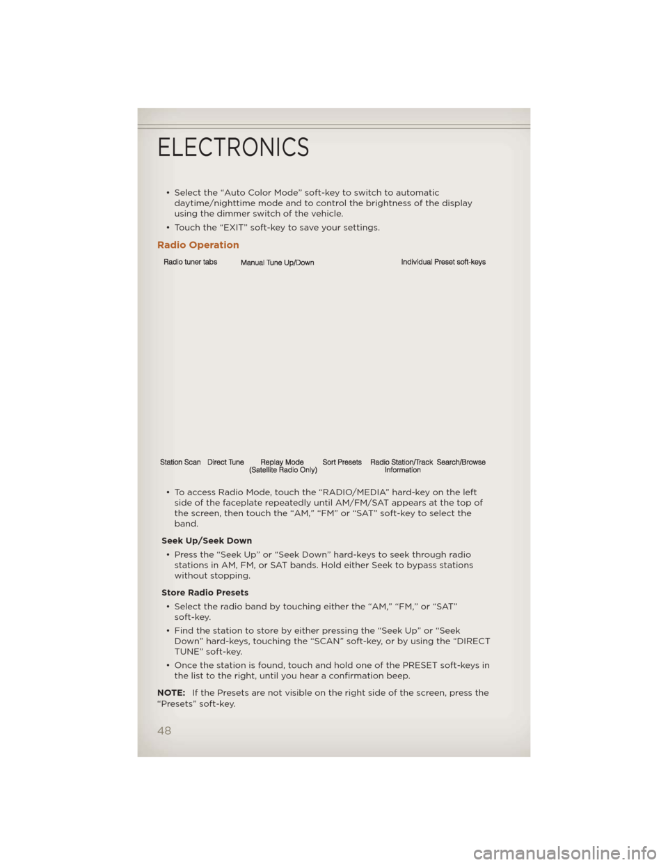 JEEP LIBERTY 2012 KK / 2.G User Guide • Select the “Auto Color Mode” soft-key to switch to automaticdaytime/nighttime mode and to control the brightness of the display
using the dimmer switch of the vehicle.
• Touch the “EXIT”