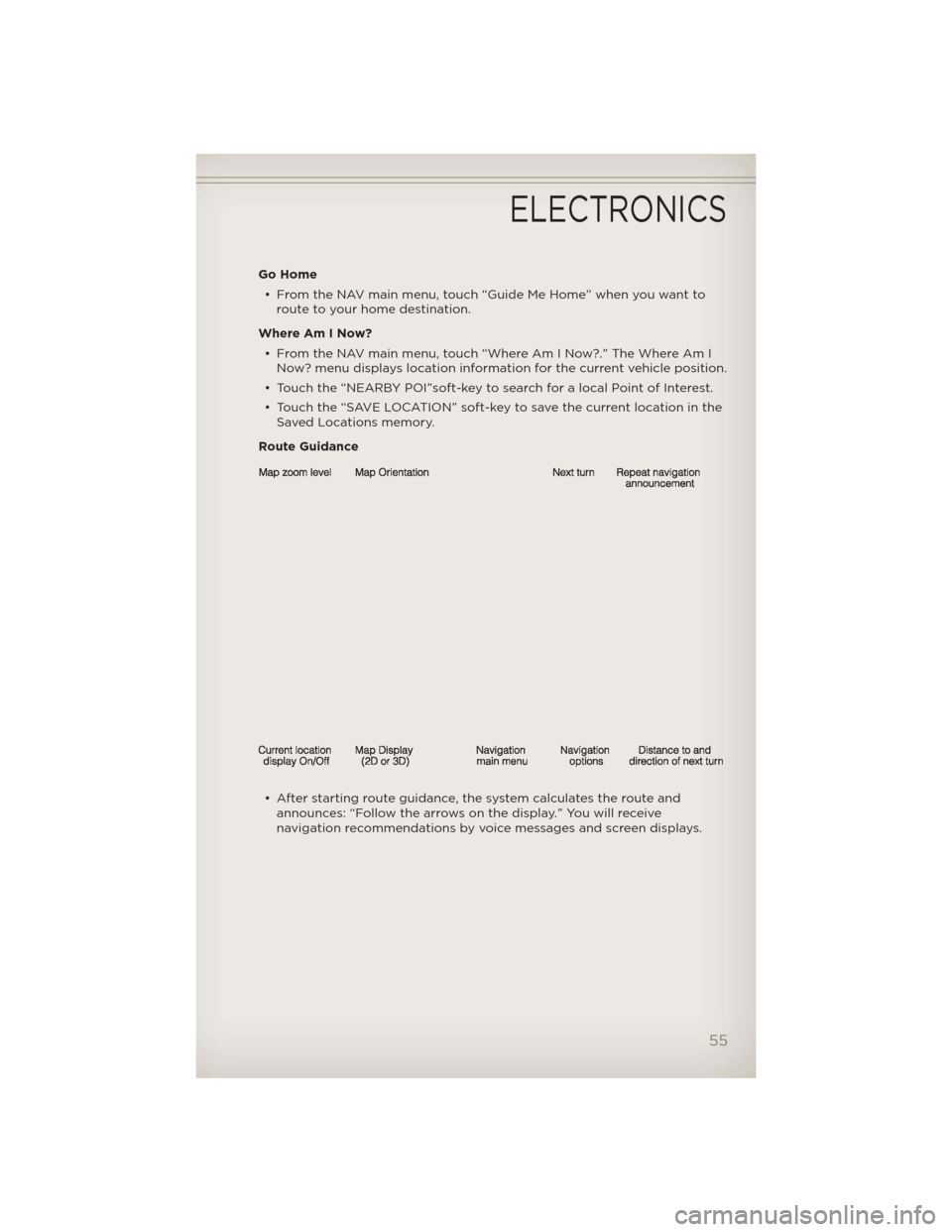 JEEP LIBERTY 2012 KK / 2.G Workshop Manual Go Home• From the NAV main menu, touch “Guide Me Home” when you want to route to your home destination.
Where Am I Now? • From the NAV main menu, touch “Where Am I Now?.” The Where Am I No JEEP LIBERTY 2012 KK / 2.G Workshop Manual Go Home• From the NAV main menu, touch “Guide Me Home” when you want to route to your home destination.
Where Am I Now? • From the NAV main menu, touch “Where Am I Now?.” The Where Am I No