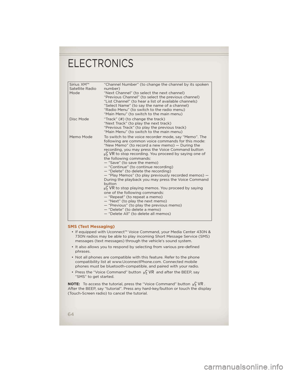 JEEP LIBERTY 2012 KK / 2.G Repair Manual Sirius XM™
Satellite Radio
Mode“Channel Number” (to change the channel by its spoken
number)
“Next Channel” (to select the next channel)
“Previous Channel” (to select the previous channe JEEP LIBERTY 2012 KK / 2.G Repair Manual Sirius XM™
Satellite Radio
Mode“Channel Number” (to change the channel by its spoken
number)
“Next Channel” (to select the next channel)
“Previous Channel” (to select the previous channe