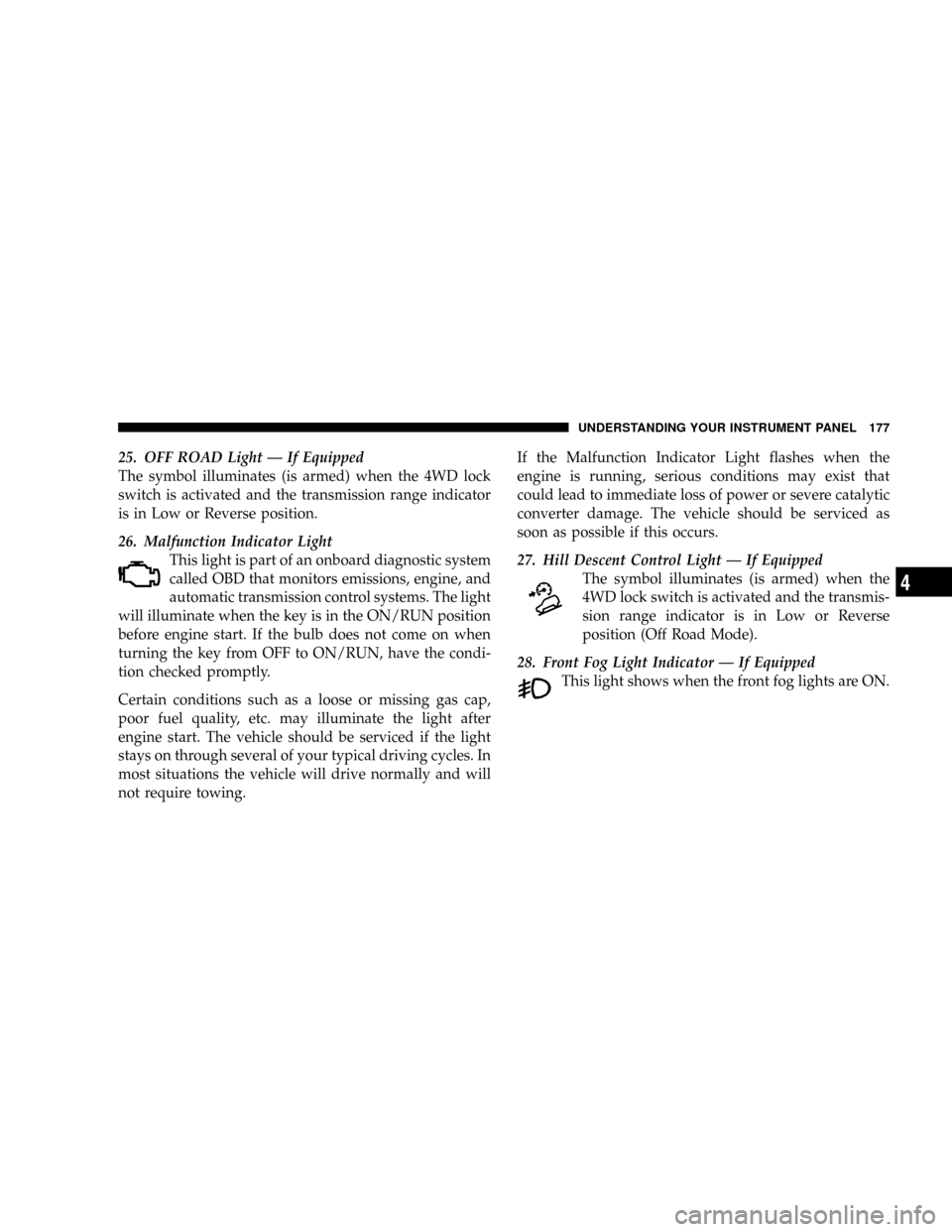 JEEP PATRIOT 2007 1.G Owners Manual 25. OFF ROAD Light Ð If Equipped
The symbol illuminates (is armed) when the 4WD lock
switch is activated and the transmission range indicator
is in Low or Reverse position.
26. Malfunction Indicator JEEP PATRIOT 2007 1.G Owners Manual 25. OFF ROAD Light Ð If Equipped
The symbol illuminates (is armed) when the 4WD lock
switch is activated and the transmission range indicator
is in Low or Reverse position.
26. Malfunction Indicator