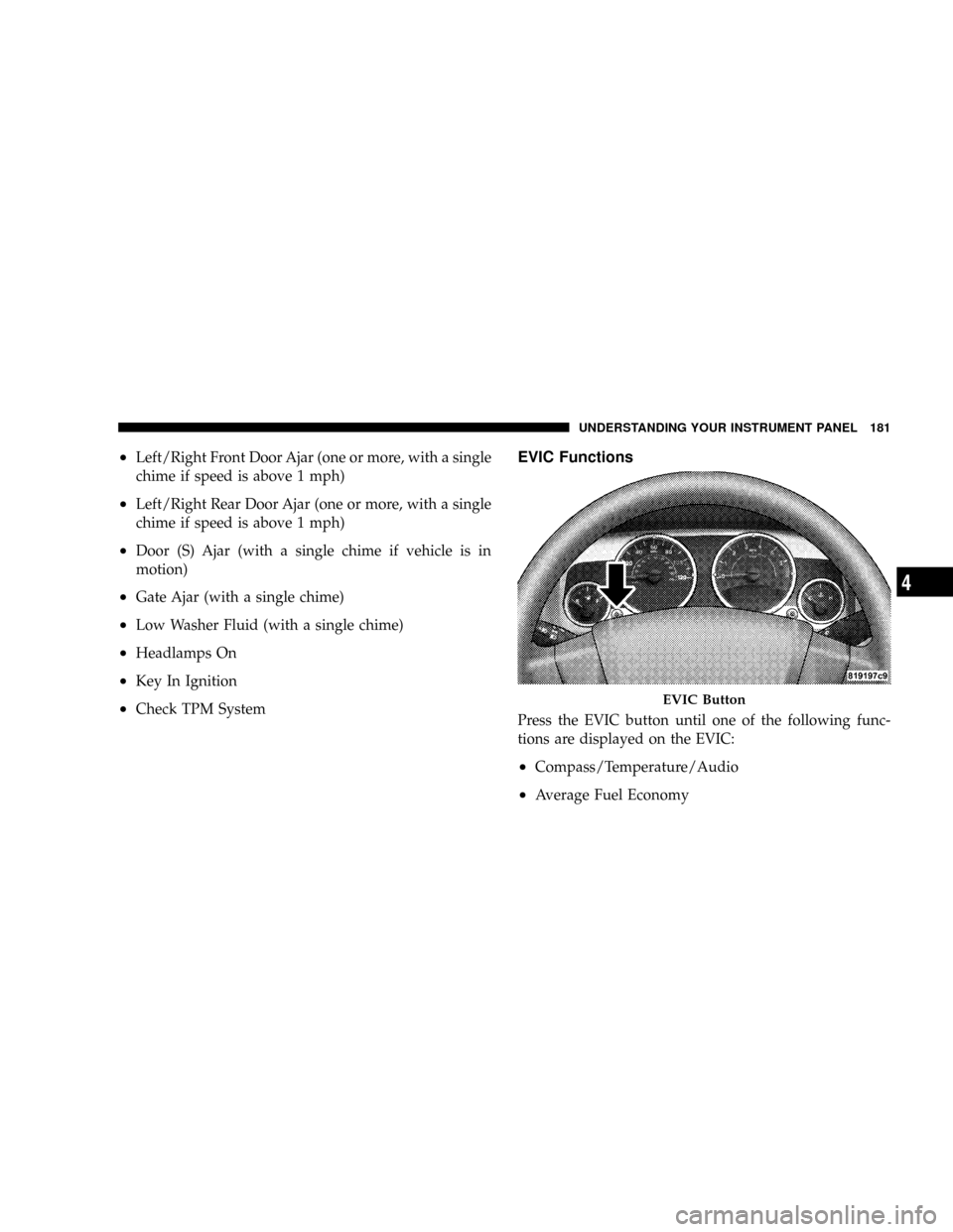 JEEP PATRIOT 2007 1.G Owners Manual ²Left/Right Front Door Ajar (one or more, with a single
chime if speed is above 1 mph)
²Left/Right Rear Door Ajar (one or more, with a single
chime if speed is above 1 mph)
²Door (S) Ajar (with a s JEEP PATRIOT 2007 1.G Owners Manual ²Left/Right Front Door Ajar (one or more, with a single
chime if speed is above 1 mph)
²Left/Right Rear Door Ajar (one or more, with a single
chime if speed is above 1 mph)
²Door (S) Ajar (with a s