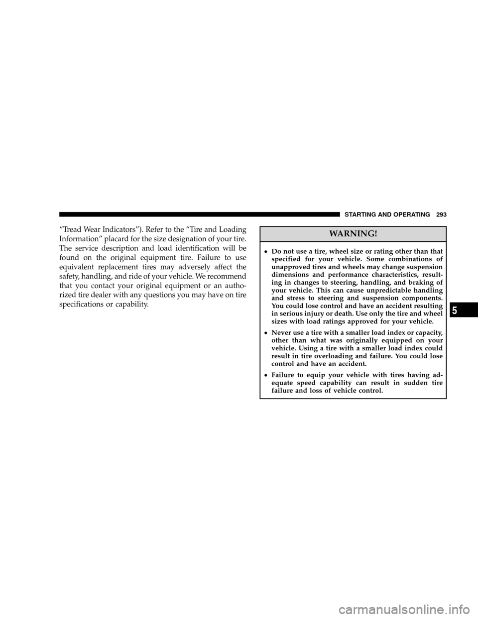 JEEP PATRIOT 2007 1.G Owners Manual ªTread Wear Indicatorsº). Refer to the ªTire and Loading
Informationº placard for the size designation of your tire.
The service description and load identification will be
found on the original e