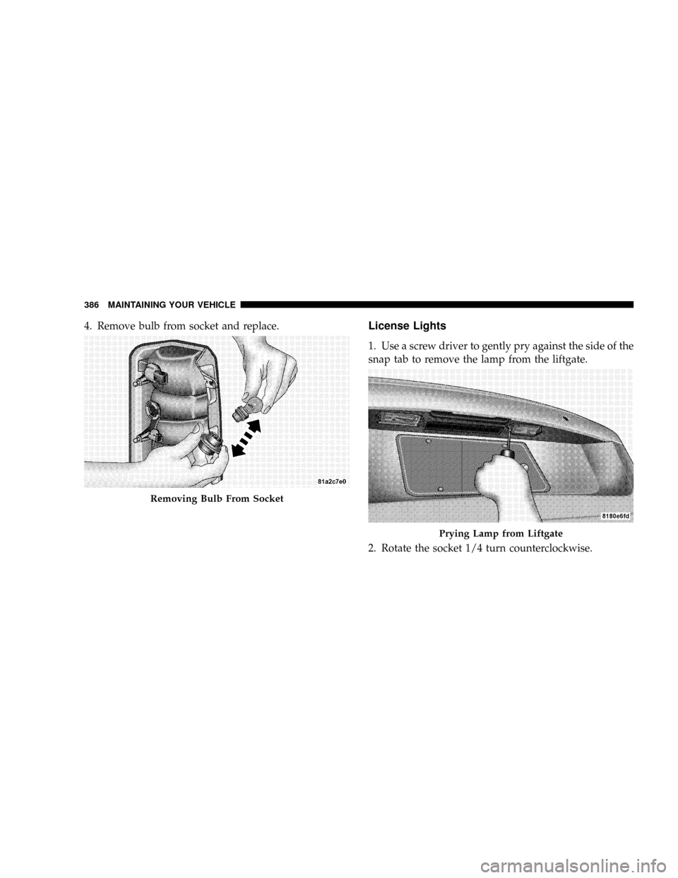 JEEP PATRIOT 2007 1.G Owners Manual 4. Remove bulb from socket and replace.License Lights
1. Use a screw driver to gently pry against the side of the
snap tab to remove the lamp from the liftgate.
2. Rotate the socket 1/4 turn countercl