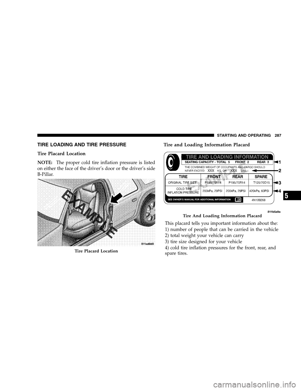 JEEP PATRIOT 2008 1.G Owners Manual TIRE LOADING AND TIRE PRESSURE
Tire Placard Location
NOTE:The proper cold tire inflation pressure is listed
on either the face of the driver’s door or the driver’s side
B-Pillar.
Tire and Loading 