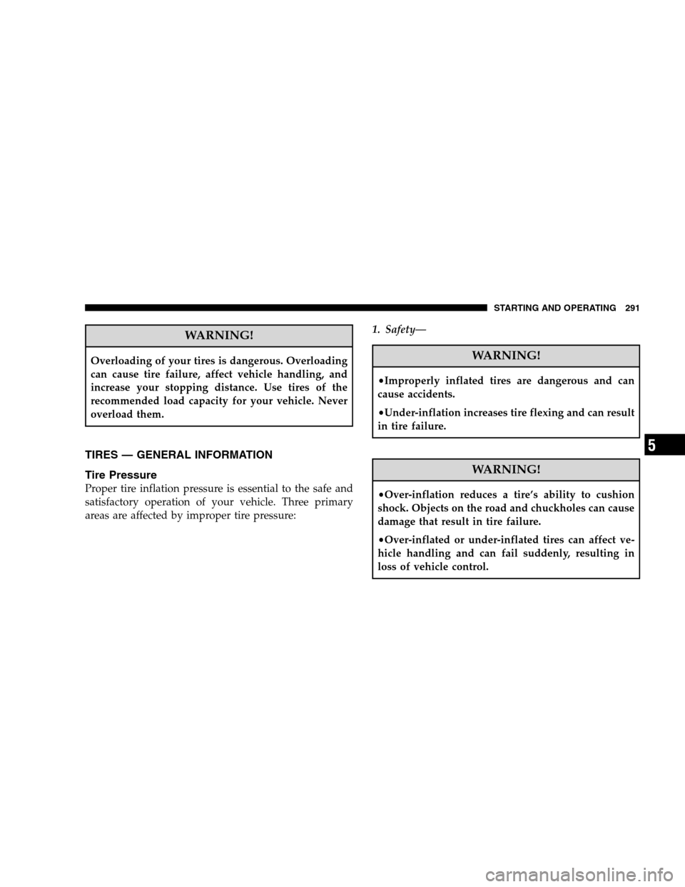 JEEP PATRIOT 2008 1.G User Guide WARNING!
Overloading of your tires is dangerous. Overloading
can cause tire failure, affect vehicle handling, and
increase your stopping distance. Use tires of the
recommended load capacity for your v