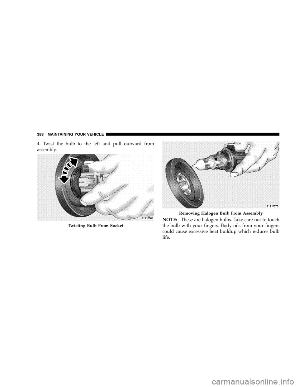 JEEP PATRIOT 2008 1.G Owners Manual 4. Twist the bulb to the left and pull outward from
assembly.
NOTE:These are halogen bulbs. Take care not to touch
the bulb with your fingers. Body oils from your fingers
could cause excessive heat bu