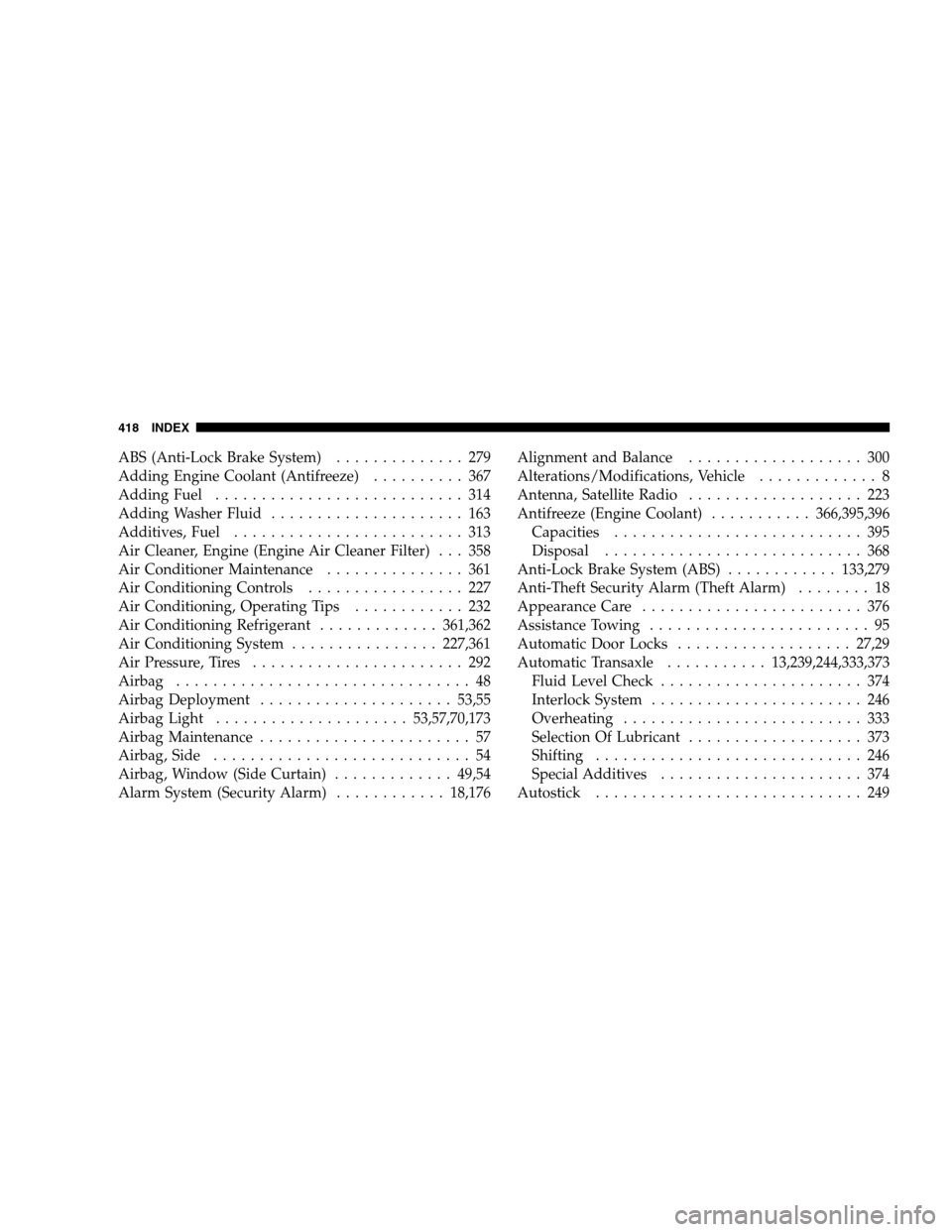 JEEP PATRIOT 2008 1.G User Guide ABS (Anti-Lock Brake System).............. 279
Adding Engine Coolant (Antifreeze).......... 367
Adding Fuel........................... 314
Adding Washer Fluid..................... 163
Additives, Fuel.