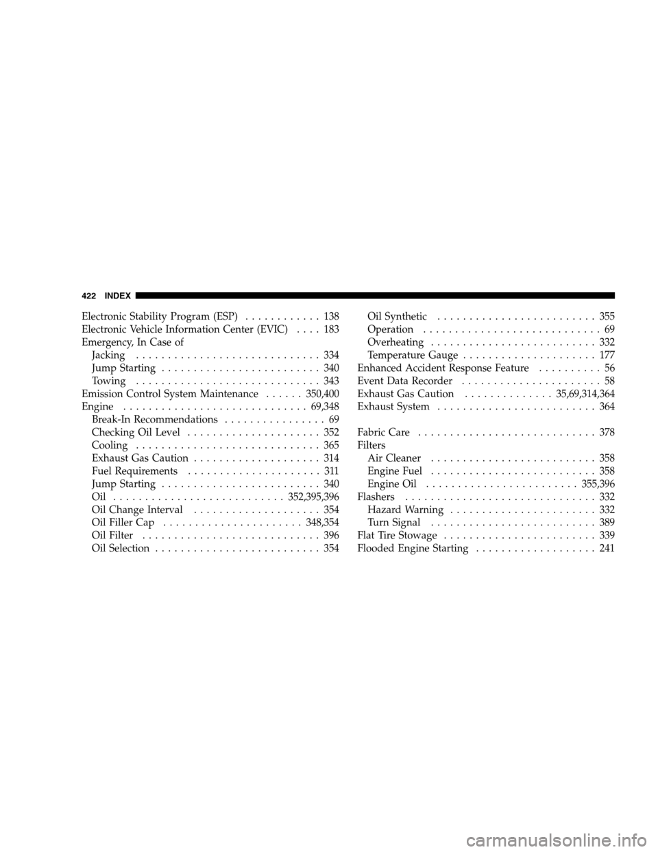 JEEP PATRIOT 2008 1.G Owners Manual Electronic Stability Program (ESP)............ 138
Electronic Vehicle Information Center (EVIC).... 183
Emergency, In Case of
Jacking............................. 334
Jump Starting....................