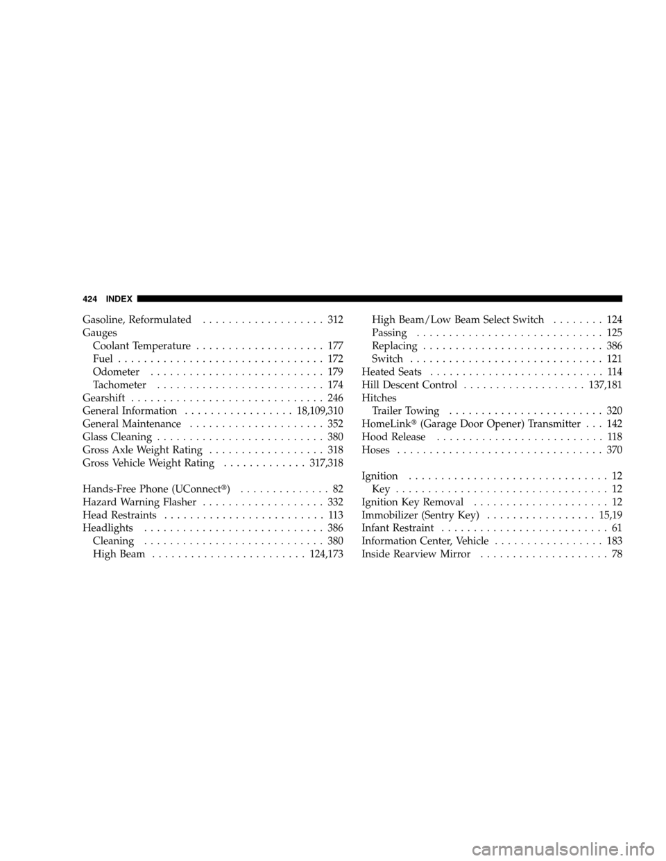 JEEP PATRIOT 2008 1.G Owners Manual Gasoline, Reformulated................... 312
Gauges
Coolant Temperature.................... 177
Fuel................................ 172
Odometer........................... 179
Tachometer............