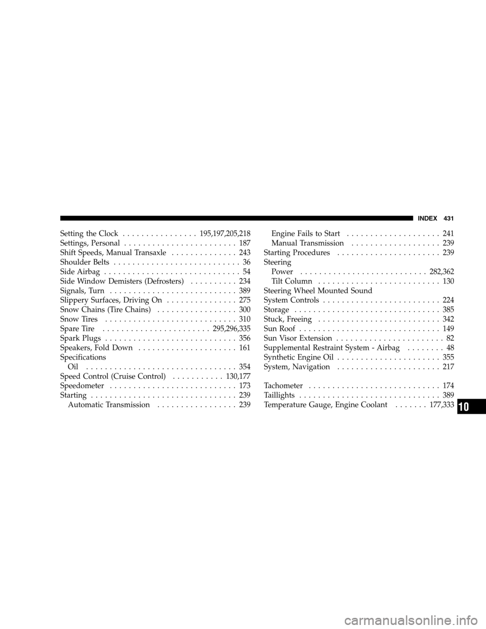 JEEP PATRIOT 2008 1.G Owners Manual Setting the Clock................195,197,205,218
Settings, Personal........................ 187
Shift Speeds, Manual Transaxle.............. 243
Shoulder Belts........................... 36
Side Airba