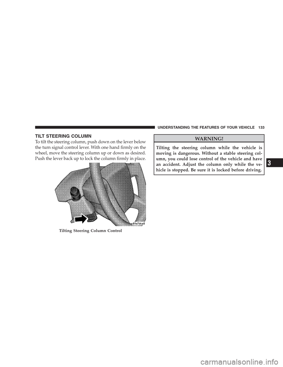 JEEP PATRIOT 2009 1.G Owners Manual TILT STEERING COLUMN
To tilt the steering column, push down on the lever below
the turn signal control lever. With one hand firmly on the
wheel, move the steering column up or down as desired.
Push th