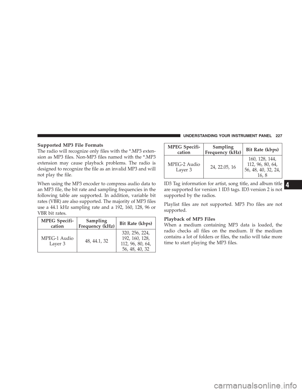 JEEP PATRIOT 2009 1.G Owners Manual Supported MP3 File Formats
The radio will recognize only files with the *.MP3 exten-
sion as MP3 files. Non-MP3 files named with the *.MP3
extension may cause playback problems. The radio is
designed 