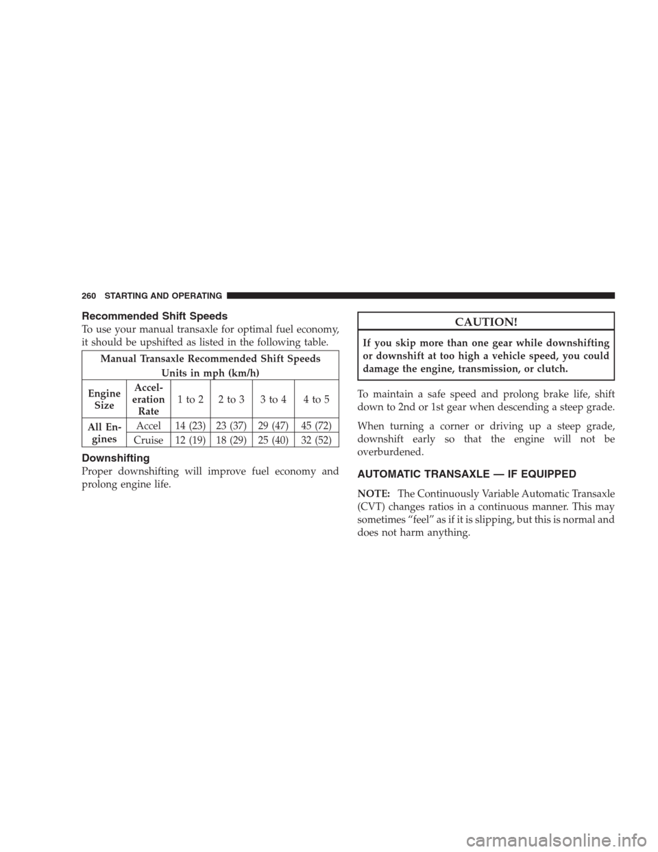 JEEP PATRIOT 2009 1.G Owners Manual Recommended Shift Speeds
To use your manual transaxle for optimal fuel economy,
it should be upshifted as listed in the following table.
Manual Transaxle Recommended Shift Speeds
Units in mph (km/h)
E