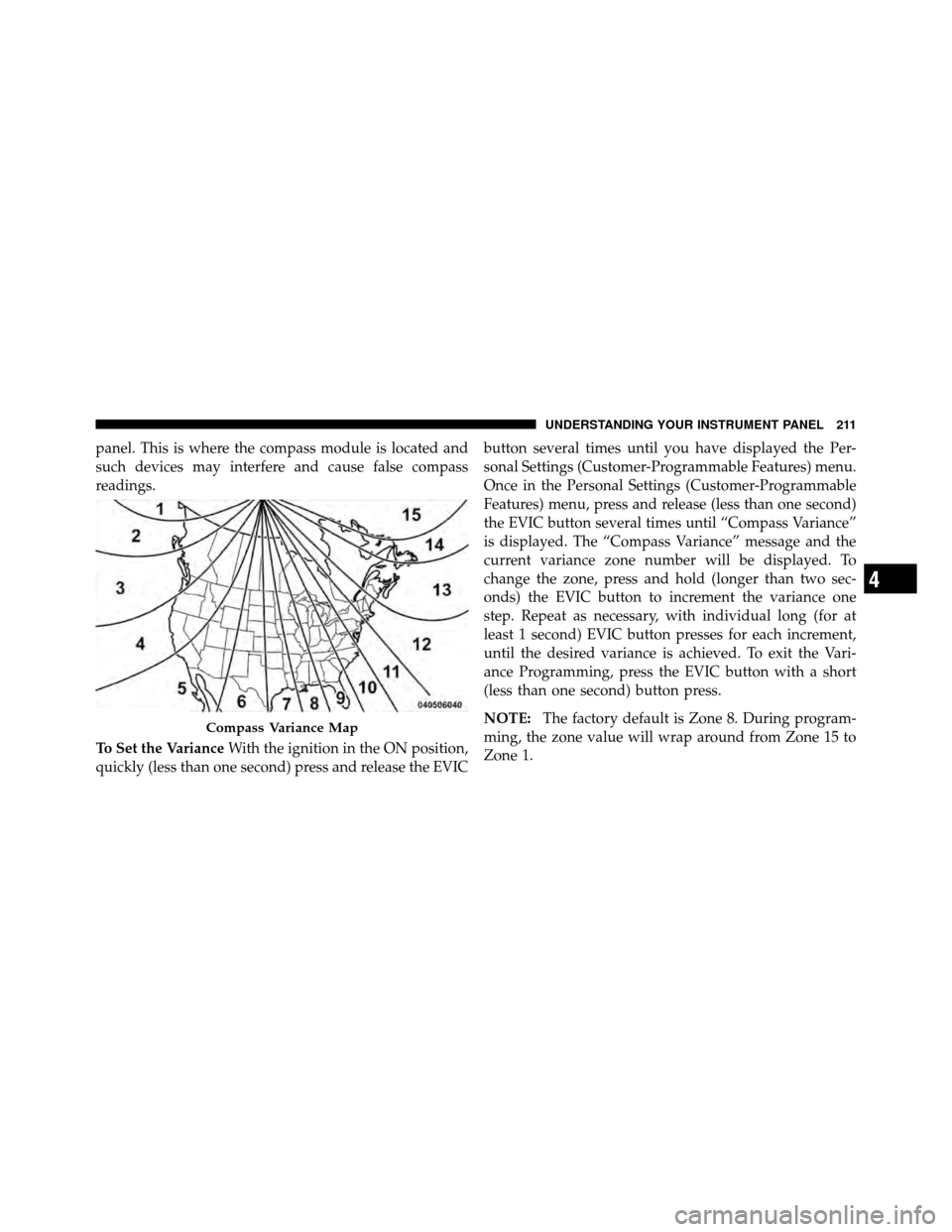 JEEP PATRIOT 2010 1.G Owners Manual panel. This is where the compass module is located and
such devices may interfere and cause false compass
readings.
To Set the VarianceWith the ignition in the ON position,
quickly (less than one seco